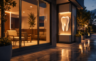 Dental practice reception seen through a glass front at dusk with warm interior lighting and an empty waiting chair